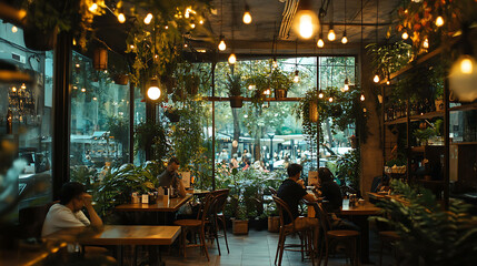 Fototapeta premium Elegant café design with hanging lights and greenery-filled corners