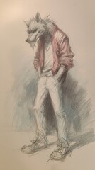 A stylized drawing of a wolf-like figure in casual attire.
