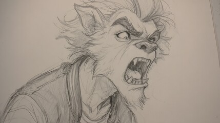 Detailed pencil sketch of a snarling werewolf.