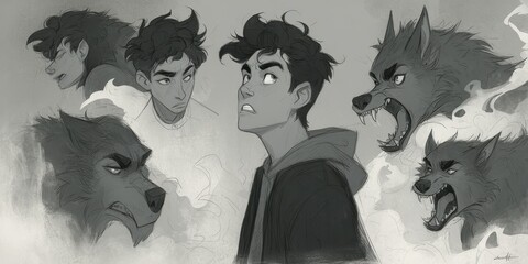 Character sketches of a person and werewolf forms.
