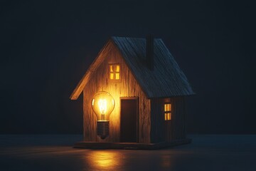 Innovative Energy Solutions: Wooden Home with Illuminating Bulb Symbolizing Economic Housing Ideas