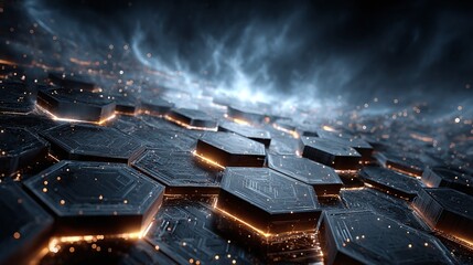 Sci-fi themed background in blue with energetic circuit patterns and layered hex shapes floating in space 