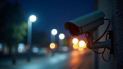 Security camera observing a city street at night with illuminated bokeh lights.
