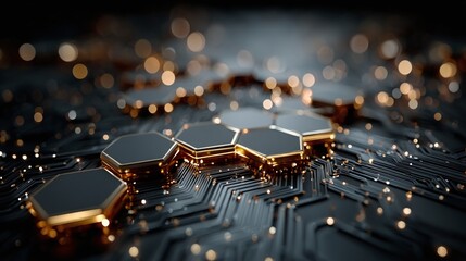 Abstract futuristic background in blue tones with glowing connections resembling circuit board traces and 3D hex shapes 