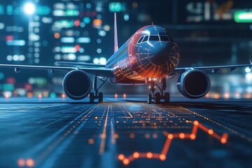 A commercial airplane on a runway at night, with digital graphs and city lights in the background, suggesting technology and data analysis in aviation.