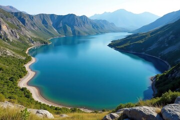Naklejka premium Irregular shaped lake with winding shoreline, rocky banks, vista, coast