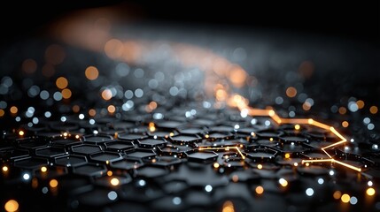 Neon-blue tech panel background with curved circuit lines and hovering 3D hex grid patterns 