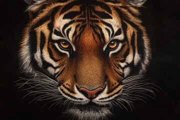 Intense Gaze: Striking Close-Up of a Tiger's Face Against a Dark Background