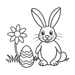 Cute Easter Rabbit with Egg and Flower Line Art Vector