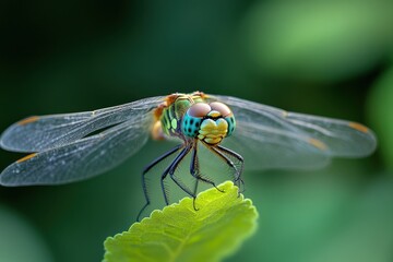 Intricate Dragonfly Perched on Leaf: Macro Shot Showcasing Nature's Stunning Insect Details