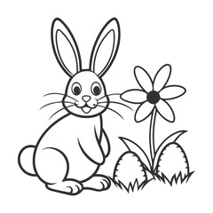 Cute Cartoon Rabbit with Flower and Grass Line Art Vector