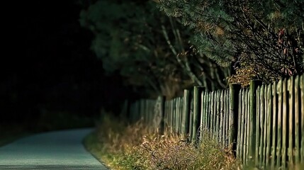 Night path with wooden fence, and trees.