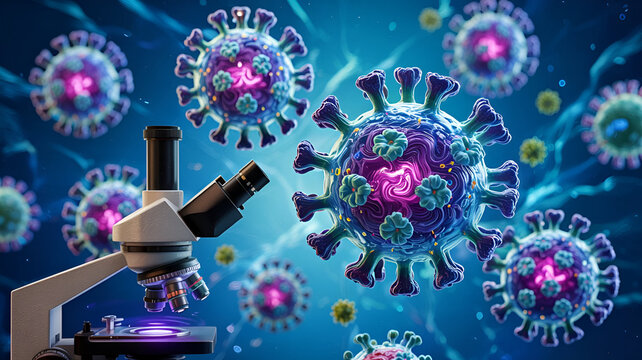 The scientific illustration depicts spherical viruses under a microscope, with vibrant blue backgrounds and purple and pink cores, surrounded by blue protein spikes and flower-like structures.