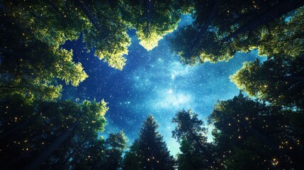 Obraz premium Stargazing adventure under the majestic forest canopy night sky nature photography serene atmosphere upward perspective