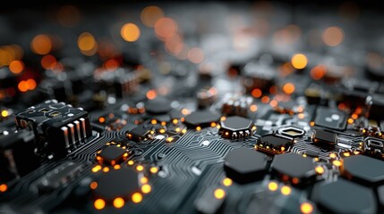 Obraz premium Dark blue electronic surface with illuminated logic circuits and modular hex grid 