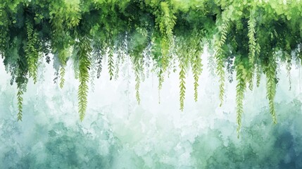 Lush green foliage and hanging vines cascade over a soft, watercolor background in this nature-inspired illustration.