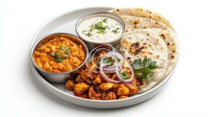 Fototapeta premium Delicious Indian Chicken Curry Meal with Naan Bread and Raita on White Background raita meal plate