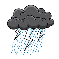 A stylized dark gray storm cloud with black outlines pours diagonal blue raindrops and flashes jagged white and black lightning bolts on white background