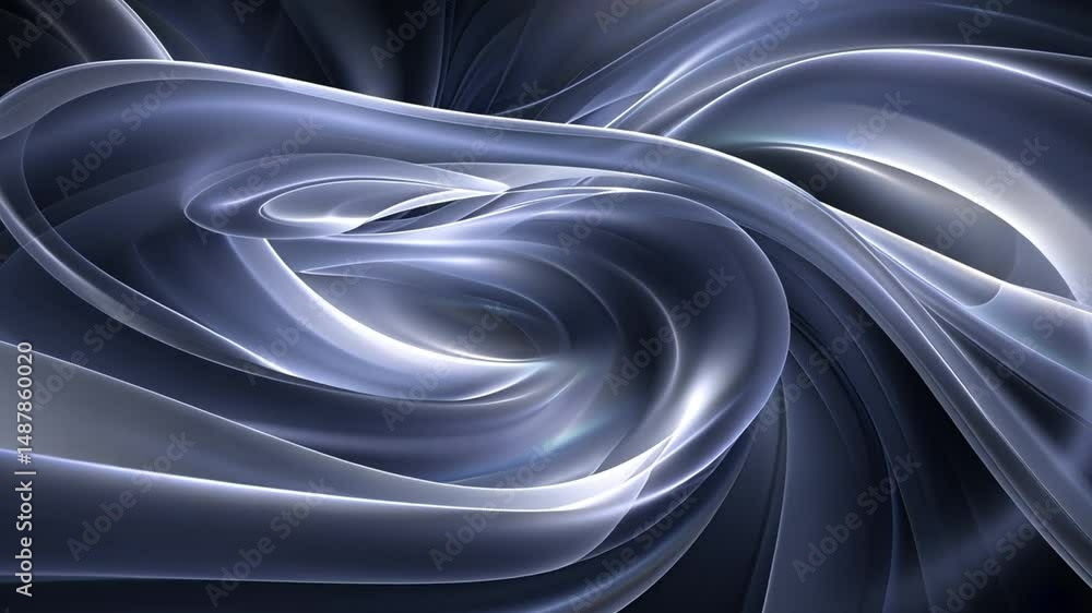 Poster mesmerizing abstract design of smooth, flowing curves and waves in blue and gray, with light interpl