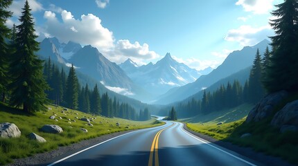 Scenic winding road through majestic mountains and lush green landscape under a clear sky