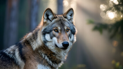 A majestic Eurasian wolf, with intense amber eyes, in an alert pose. Only the wolf&rsquo;s head is visible,
