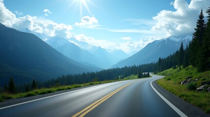 Naklejka premium Scenic mountain road winding through lush green forest under bright blue sky and sun
