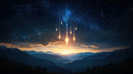 Celestial meteor shower event over majestic mountain landscape night sky stunning visual experience