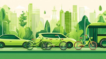 A vibrant green city illustration depicts eco friendly transportation options including cars, bicycles, and buses amongst lush trees and modern buildings ahead.