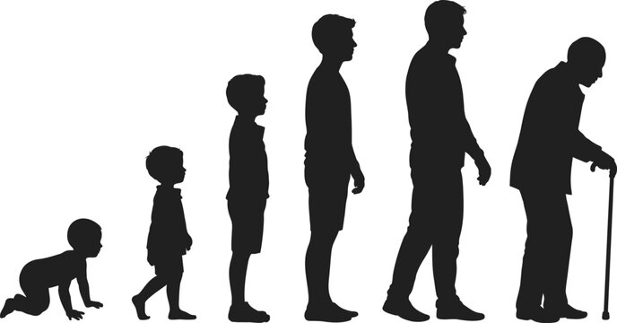 Silhouette illustration depicting the stages of human life from childhood to old age