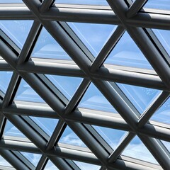 Abstract view of modern glass and steel roof structure with geometric triangular patterns and blue sky background.