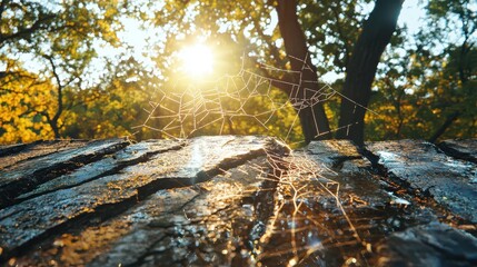 Morning sunlight illuminates spiderweb on weathered wood tranquil nature scene outdoor photography