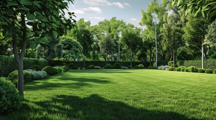 Fototapeta premium Digitally generated garden with trimmed grass and trees stock photo --ar 16:9 --raw --v 6 Job ID: decf8dd3-4744-42dc-985d-1064c958fd18