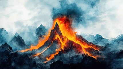 A volcano erupts with bright lava and smoke, surrounded by dark mountains under a dramatic sky.