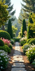 Obraz premium A well-manicured garden with a stone pathway leading to the horizon