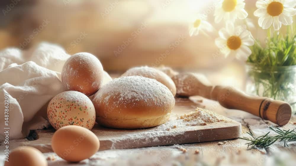 Poster a still life image of doughnuts and eggs on a table