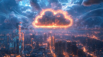 Obraz premium Futuristic Cityscape with Glowing Cloud and Neon Lights Over a Bustling Urban Landscape at Night