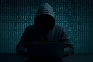 Anonymous Hacker in Dark Hoodie Using Laptop with Binary Code Background &mdash; Cybersecurity Threat, Data Breach, and Digital Crime Concept