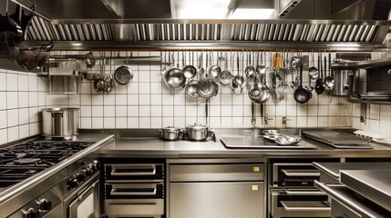 Stainless steel commercial kitchen with cookware and appliances.