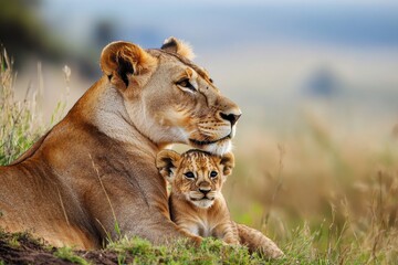 Fototapeta na wymiar Majestic Lioness of Notches Rongai Pride Nurtures Her Cub Amidst the Stunning Wilderness of Masai Mara, Kenya