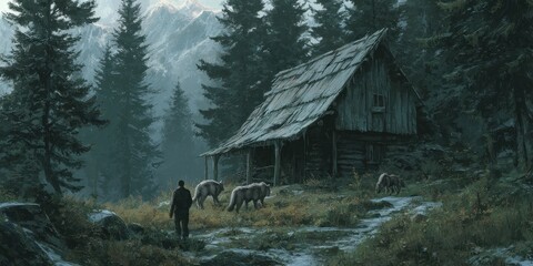 Rustic cabin nestled in a misty mountain forest.