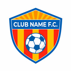 Football club logo design vector illustration with thick shield shape, red and yellow stripes, blue border and soccer ball icon. Perfect for team branding, sports identity and professional club emblem