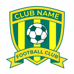 Vector illustration of a football club logo featuring a green and yellow shield, soccer ball icon and ribbon. Ideal for sports branding, team identity, tournament emblems and fan merchandise.