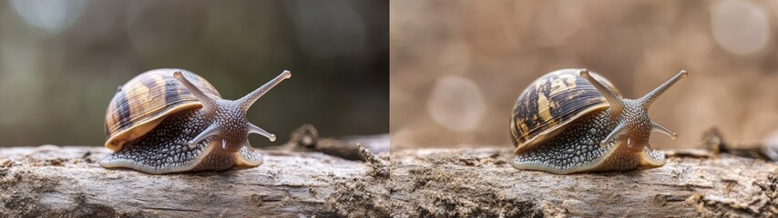 Close-up of a snail crawling on a branch, two variations.
