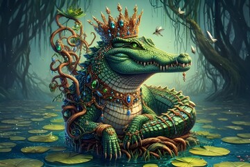 Fototapeta premium Fantasy king of crocodile with jewel crown