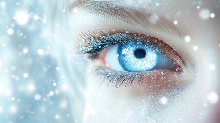 Close Up of a Woman's Sparkling Blue Eye with Winter Makeup and Snowflakes