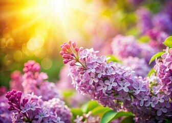 Obraz premium Lilac Flowers Tilt-Shift Photography Background, Spring Bloom, Purple Floral Design, Text Space, Sunlit Image