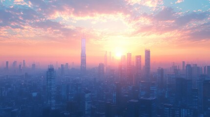 Fototapeta premium Serene Sunset Over Urban Landscape with Vibrant Colors and Modern Architecture in City Skyline
