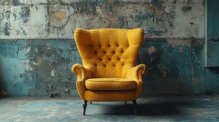 A sunhued armchair in decaying room