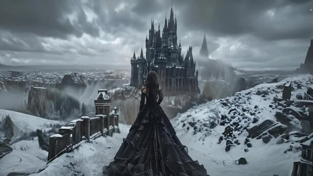 Woman in Black Gown Overlooking Snowy Valley and Dark Castle