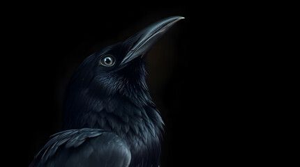 Vivid Portrait of Raven with Head Tilt on Matte Charcoal — Symbol of Odin’s Huginn, Generative AI